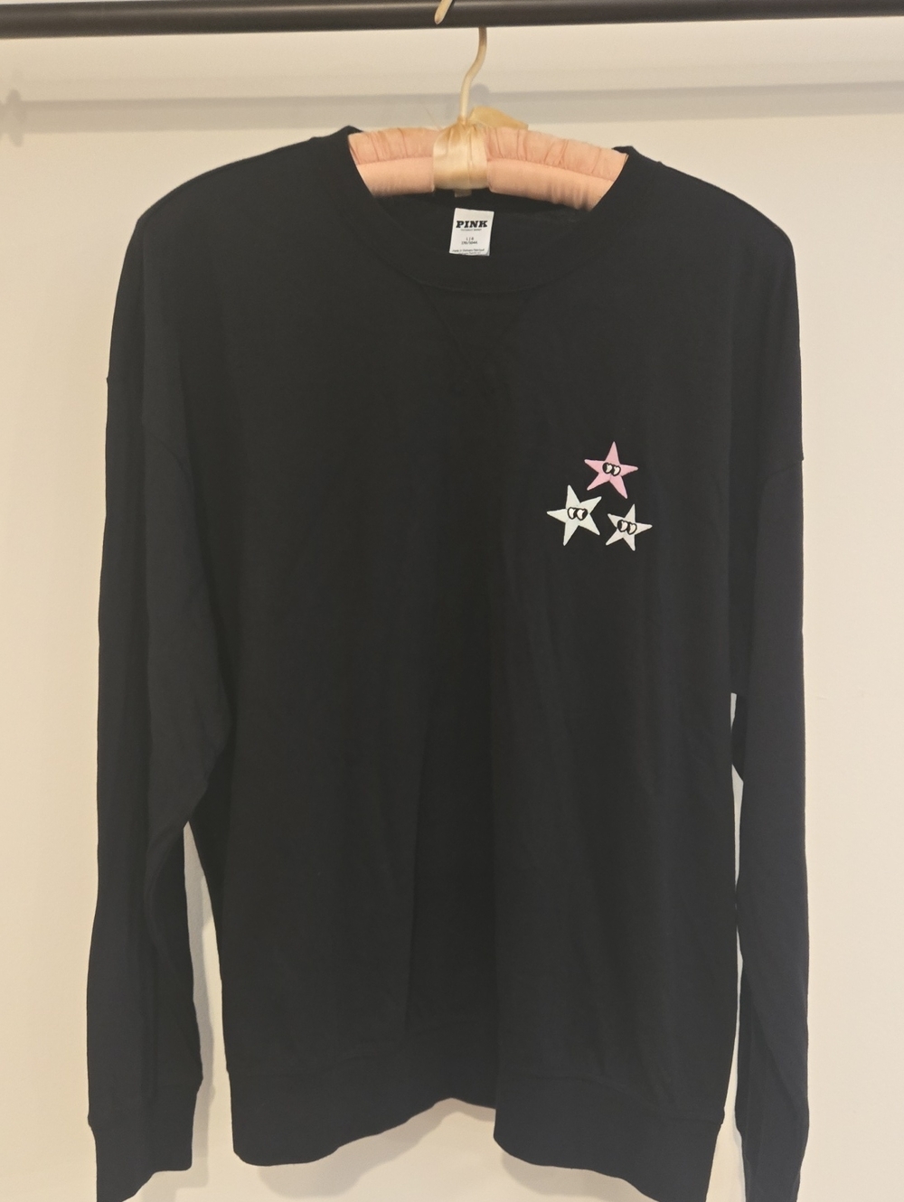 PINK Victoria's Secret Black Long-Sleeve Tee with Pink and White Star Motif